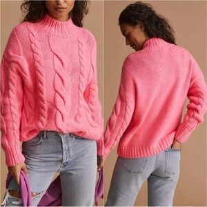 Anthropologie Sweater Mock Neck Cable-Knit Long Sleeve Neon Pink XXS